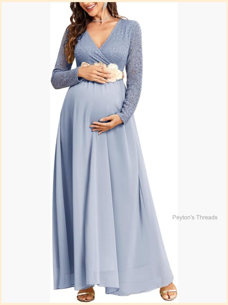 Flowy A-Line Maternity Wrap Gown With Lace & Chiffon